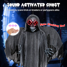 Load image into Gallery viewer, Halloween Giant Skeleton Ghost Hanging Decoration with Scary Sound Effects, LED Lights, and Red Eyes - Suitable for Halloween Decorations and Haunted Houses