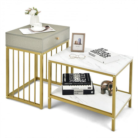 Costway Modern Coffee Table and Side Table Set of 2 with Drawers and Storage Shelf - Suitable for Living Room and Cafe