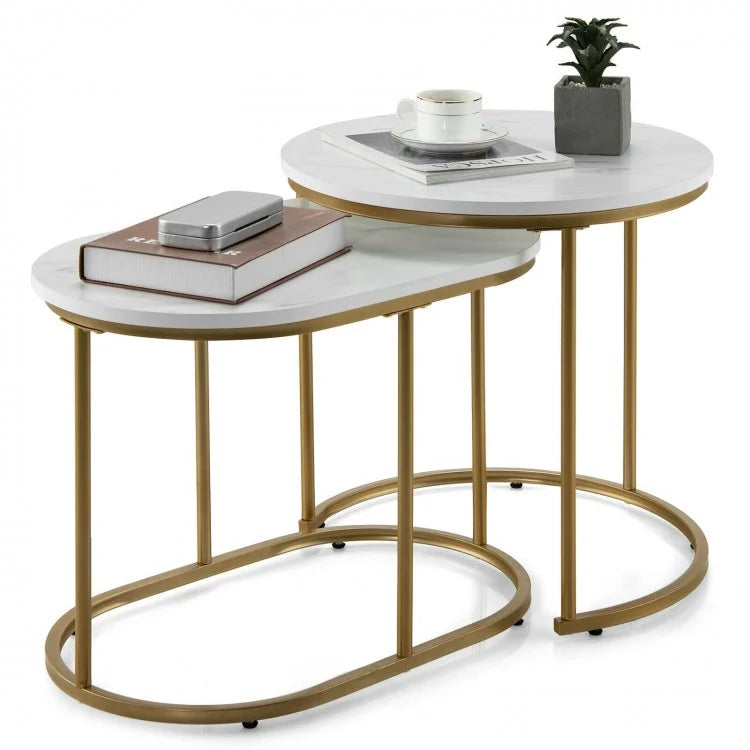 Costway Modern Round Dining Room Table with Marble Top Set of 2 - Suitable for Living Room and Cafe