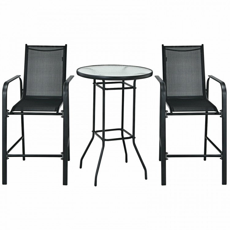 3-Piece Glass Round Patio Table and Bar Stools Set for Outdoor Use