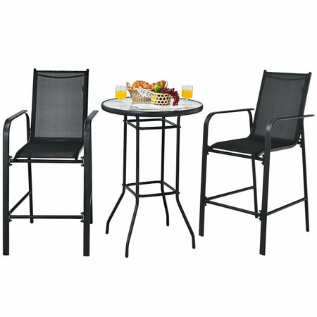 3-Piece Glass Round Patio Table and Bar Stools Set for Outdoor Use