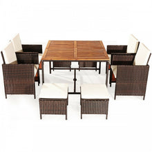 Load image into Gallery viewer, Outdoor 9 Piece Dining Room Set - Includes 4 Wicker Chairs, 4 Ottomans, and 1 Dining Table - Suitable for Backyard