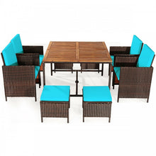 Load image into Gallery viewer, Outdoor 9 Piece Dining Room Set - Includes 4 Wicker Chairs, 4 Ottomans, and 1 Dining Table - Suitable for Backyard