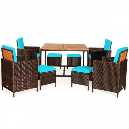 Outdoor 9 Piece Dining Room Set - Includes 4 Wicker Chairs, 4 Ottomans, and 1 Dining Table - Suitable for Backyard