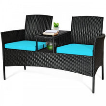 Charger l'image dans la galerie, Outdoor Wicker Patio Conversation Set Sofa Loveseat Glass Table with Turquoise Cushions