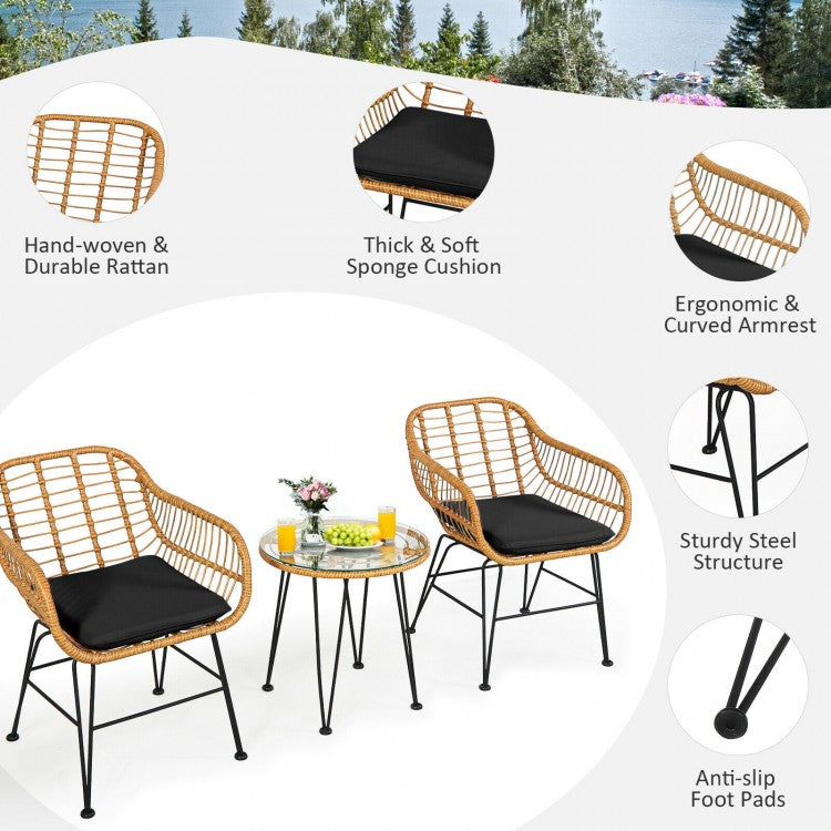 3-Piece Patio Rattan Bistro Set Coffee Table Armchair Garden Beige - Cushion