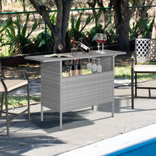 Charger l'image dans la galerie, Outdoor Grey Rattan Patio Bar Table with 2-Tier Storage Shelves