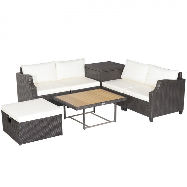 Costway White Sectional Couch 7-Piece Furniture Set with Coffee Table - Suitable for Backyard, Pool, and Garden
