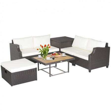Costway White Sectional Couch 7-Piece Furniture Set with Coffee Table - Suitable for Backyard, Pool, and Garden