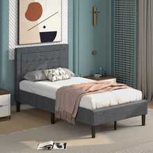 Load image into Gallery viewer, Gray Minimalist Bed Frame with Button-Tufted Headboard