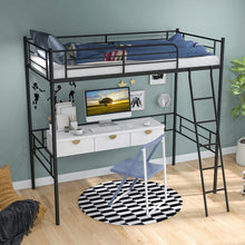 Load image into Gallery viewer, Multifunctional Black Metal Loft Bed Frame with Railing and Ladder