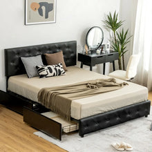 Load image into Gallery viewer, Black Leather Upholstered Headboard Bed Frame with 4 Drawers