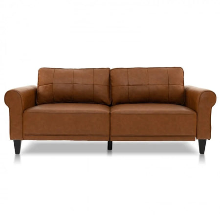 Costway Brown Leather Couch for Living Room - 3-Seater with 2 Removable Back Cushions