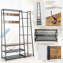 Load image into Gallery viewer, Industrial-Style Multifunctional Entryway Hooks and Shelf with Shoe Bench