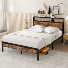 Load image into Gallery viewer, Vintage Bed Frame with Headboard Storage and Built-in Charging Ports