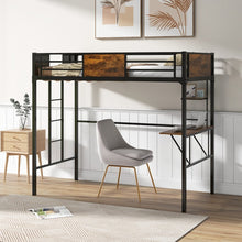 Load image into Gallery viewer, Industrial-Style Metal Loft Bed with Built-In Desk and Ladder