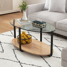 Charger l'image dans la galerie, Modern Oval Coffee Table with Glass Top and 2-Tier Storage - Suitable for Living Room