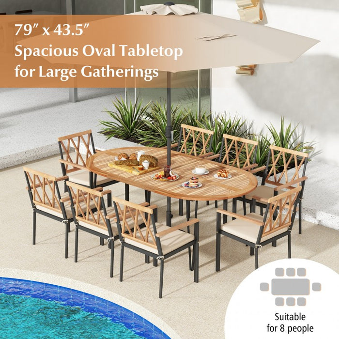 Outdoor Oval Dining Table with Umbrella Hole - Suitable for Patio, Backyard, and Garden