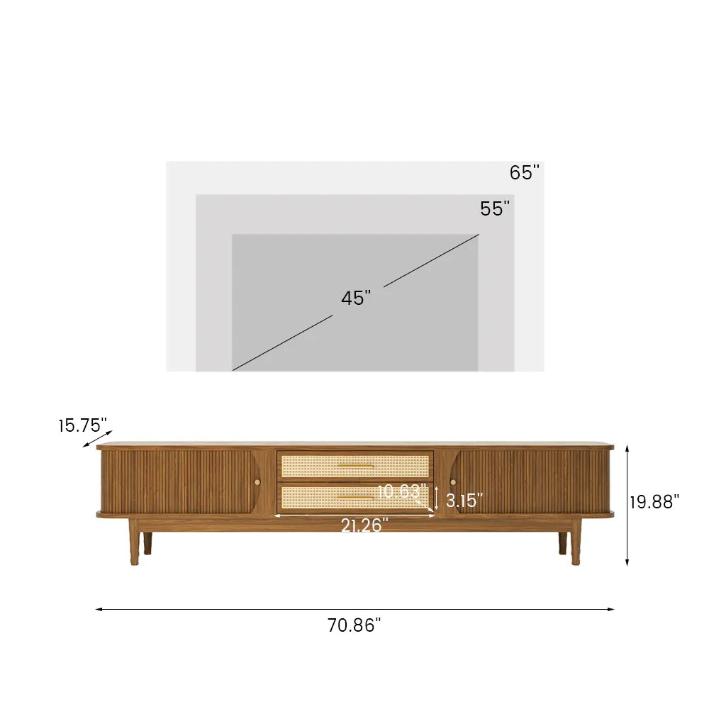 Mid-Century Vintage Wicker TV Stand with 2 Sliding Doors and 2 Drawers - Suitable for Living Room