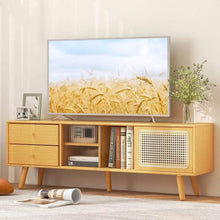 Load image into Gallery viewer, Bamboo TV Stand Console Table with PE Rattan Door & 2 Drawers for TV up to 65"