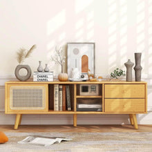 Load image into Gallery viewer, Bamboo TV Stand Console Table with PE Rattan Door & 2 Drawers for TV up to 65"