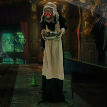 Load image into Gallery viewer, Halloween Animated Standing Greeter Old Lady with Built-in Pre-recorded Phrases - Suitable for Scary Themed Parties and Haunted House Decorations
