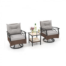 Load image into Gallery viewer, Costway Brown Outdoor Swivel Chair Set with Tempered Glass Side Table - Suitable for Patio and Garden