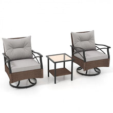 Load image into Gallery viewer, Costway Brown Outdoor Swivel Chair Set with Tempered Glass Side Table - Suitable for Patio and Garden