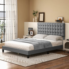 Load image into Gallery viewer, Grey Platform Bed with Built-in Square Upholstered Headboard