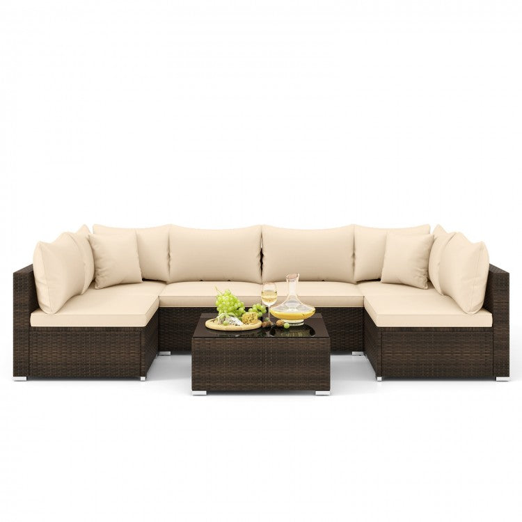 Costway Large Sectional Couch Wicker Set of 7 Pieces - Suitable for Patio, Garden, and Backyard