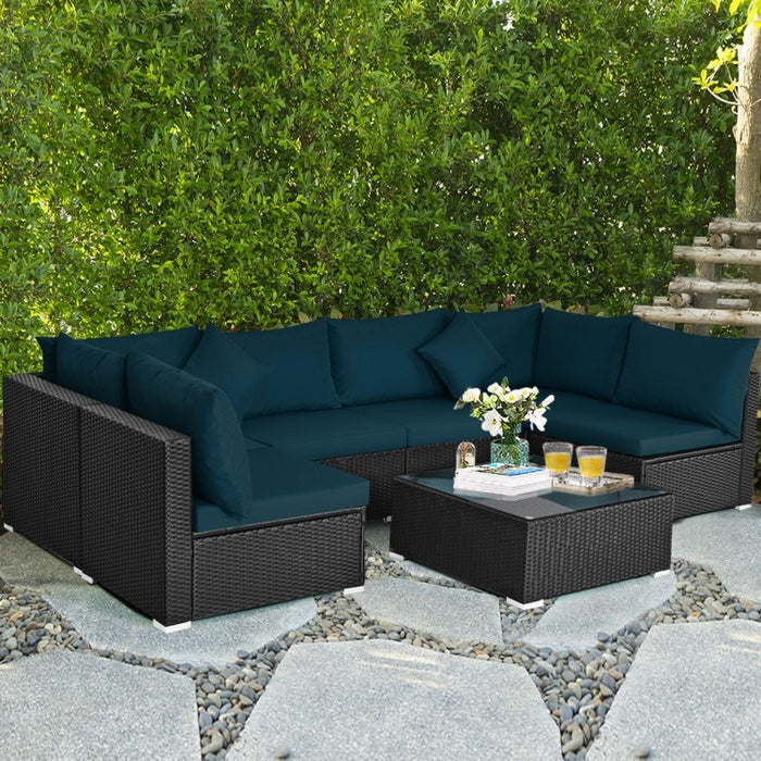 Costway 7-Piece Section Couch Set with Glass Coffee Table - Suitable for Backyard, Garden, and Party Gatherings