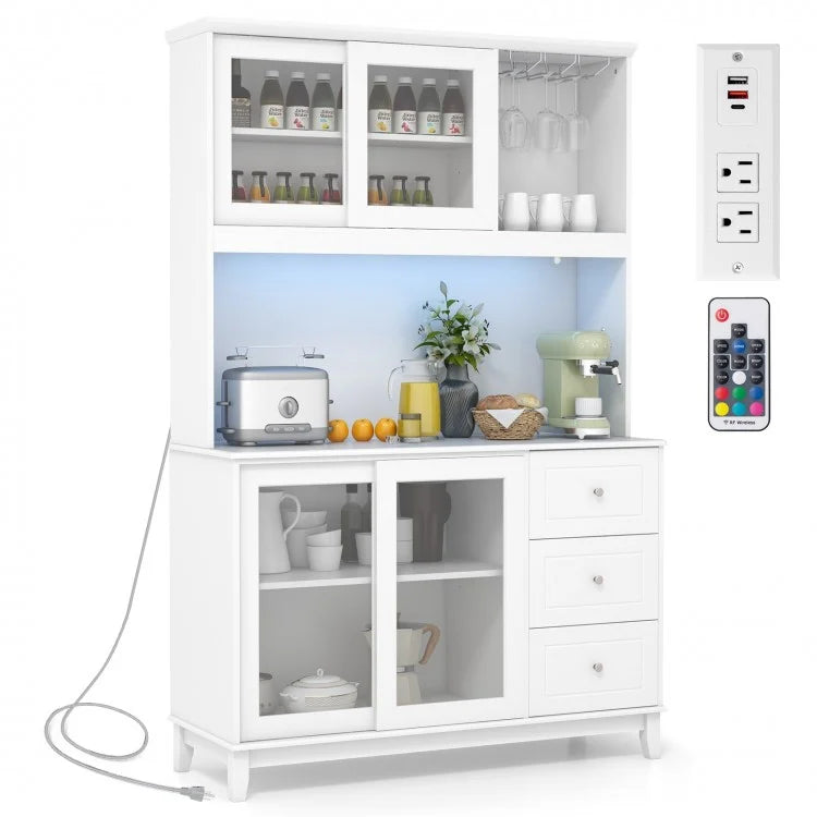 Costway Freestanding Kitchen Bar with Cabinet and Shelves, LED Lights, and USB Ports
