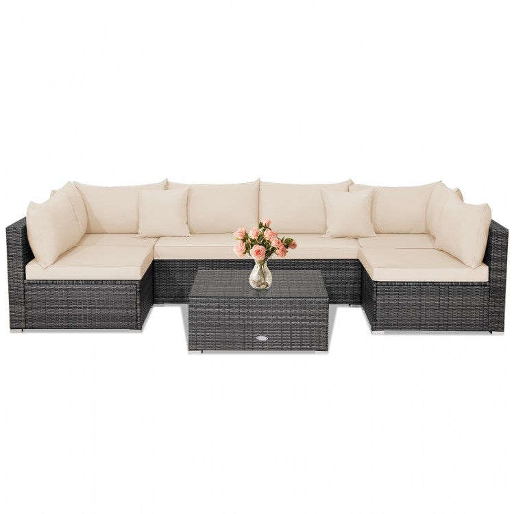Costway 7-Piece Wicker Sectional Couches Set with Cushioned Backrest - Suitable for Patio, Garden, and Backyard