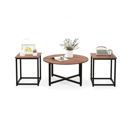 Costway Modern Round Dining Room Table Set of 3 with Square Side Table - Suitable for Living Room and Cafe