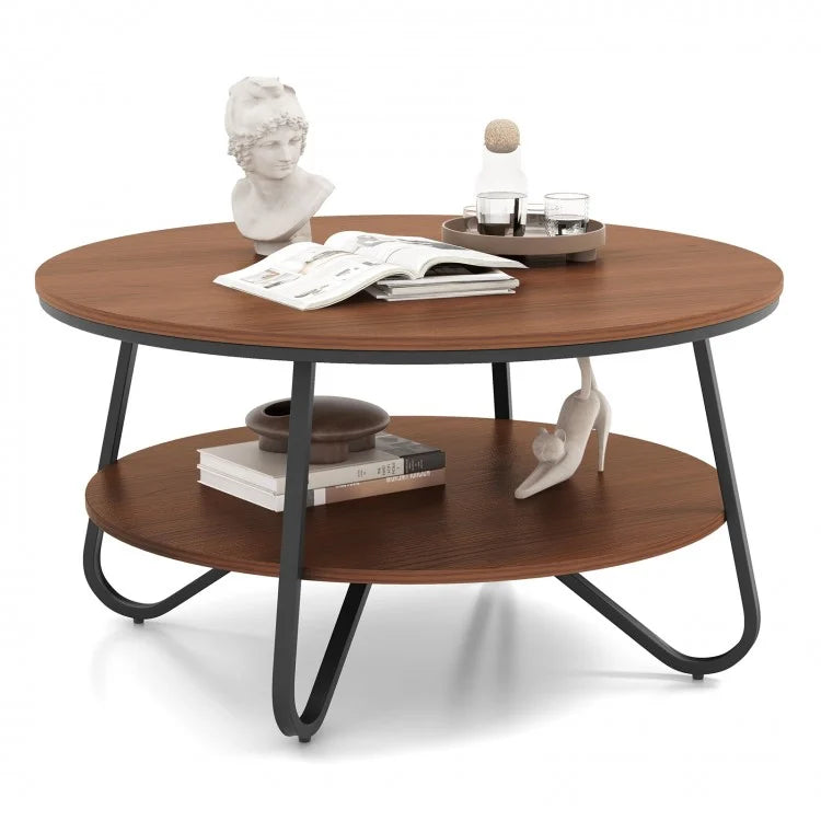 Costway 2-Tier Round Coffee Table with Storage Space and Metal Frame - Suitable for Living Room and Office