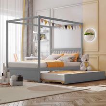 Load image into Gallery viewer, Wooden Canopy Bed Frame with Trundle Bed Casters for Children's Room