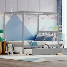 Load image into Gallery viewer, Wooden Canopy Bed Frame with Trundle Bed Casters for Children's Room