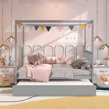Load image into Gallery viewer, Wooden Canopy Bed Frame with Trundle Bed Casters for Children's Room