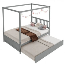 Load image into Gallery viewer, Wooden Canopy Bed Frame with Trundle Bed Casters for Children's Room
