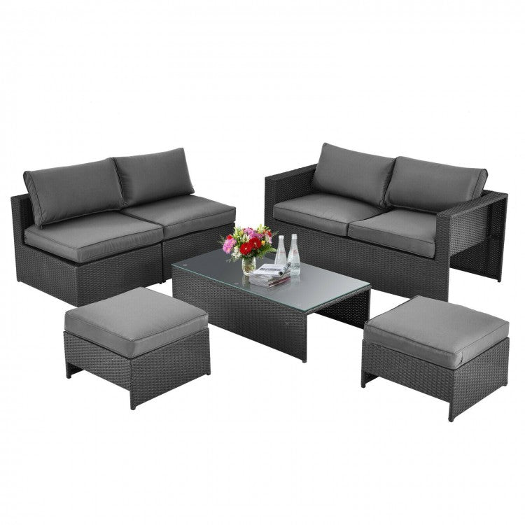 Costway Gray Sectional Couch 6-Piece Furniture Set with Coffee Table, Cushions, and Backrests - Suitable for Patio, Backyard, and Pool