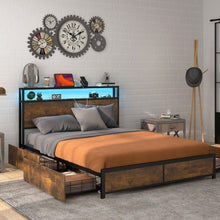Load image into Gallery viewer, Rustic Vintage Metal Bed Frame with LED Headboard and 4 Drawers