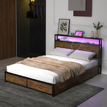Load image into Gallery viewer, Rustic Vintage Metal Bed Frame with LED Headboard and 4 Drawers