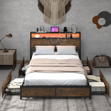 Load image into Gallery viewer, Rustic Vintage Metal Bed Frame with LED Headboard and 4 Drawers