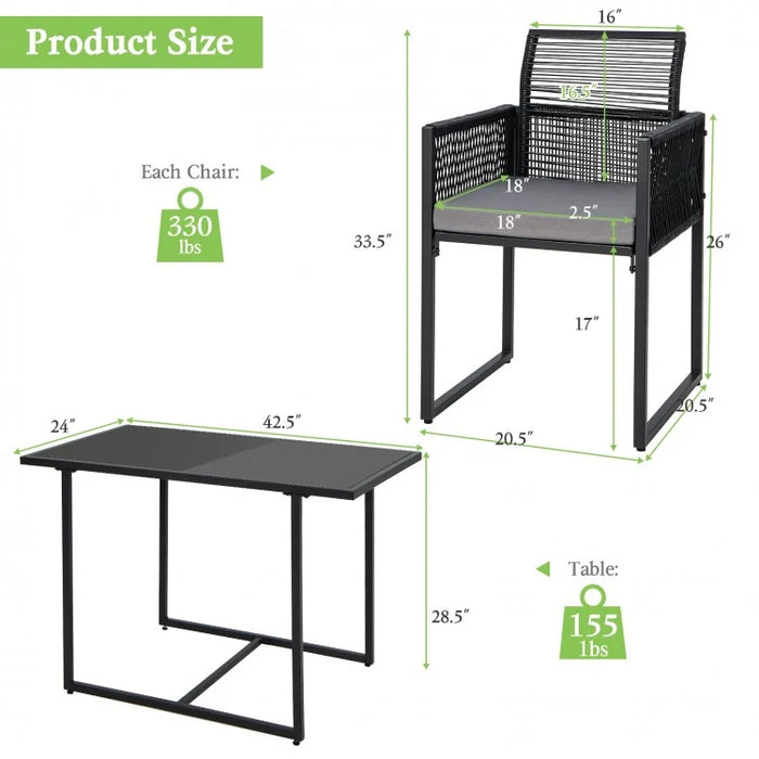Outdoor Black Dining Table Set - 3-Piece Set with Foldable Backrests - Suitable for Patio, Backyard, and Poolside
