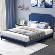 Load image into Gallery viewer, Blue Velvet Upholstered Headboard Platform Bed for Bedroom