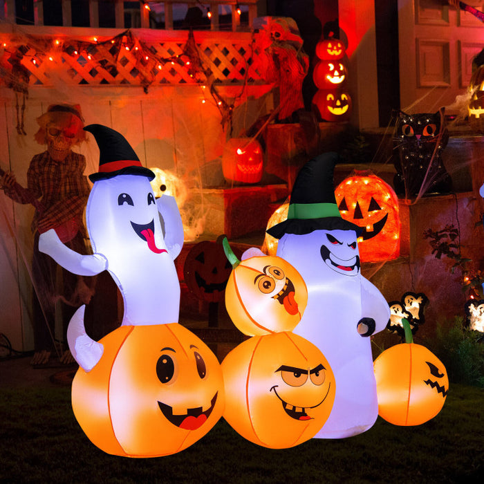Halloween Inflatable Pumpkin with 2 Ghosts and Built-in Wizard Hat LED Lights - Suitable for Carnival Parties