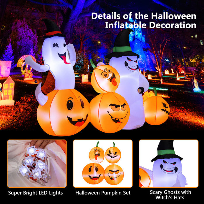 Halloween Inflatable Pumpkin with 2 Ghosts and Built-in Wizard Hat LED Lights - Suitable for Carnival Parties