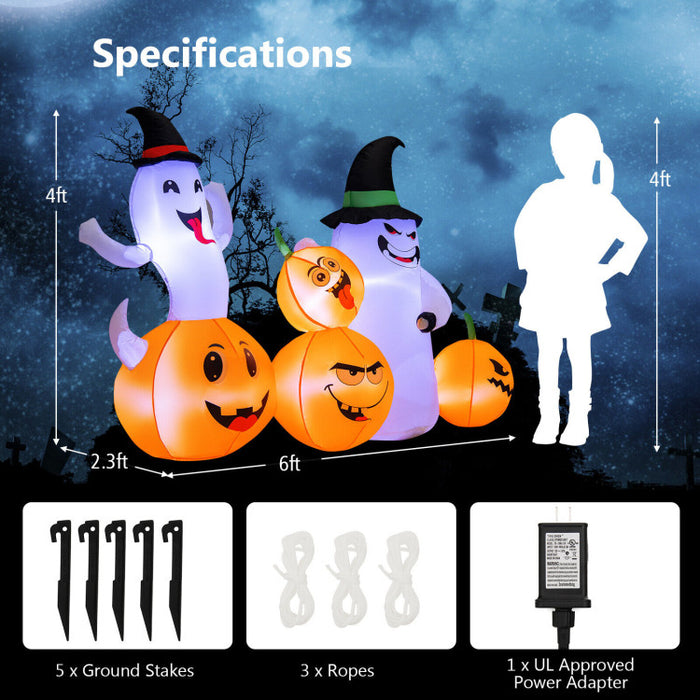 Halloween Inflatable Pumpkin with 2 Ghosts and Built-in Wizard Hat LED Lights - Suitable for Carnival Parties