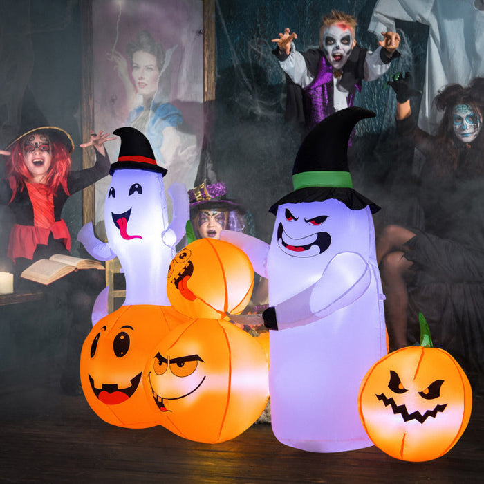 Halloween Inflatable Pumpkin with 2 Ghosts and Built-in Wizard Hat LED Lights - Suitable for Carnival Parties