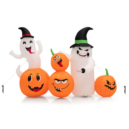 Halloween Inflatable Pumpkin with 2 Ghosts and Built-in Wizard Hat LED Lights - Suitable for Carnival Parties